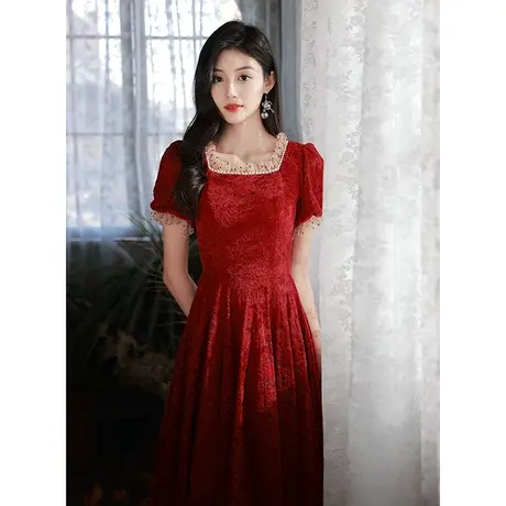 敬酒服新娘夏季酒红色平时可穿结婚订婚回门礼服连衣裙蕾丝小个子图片