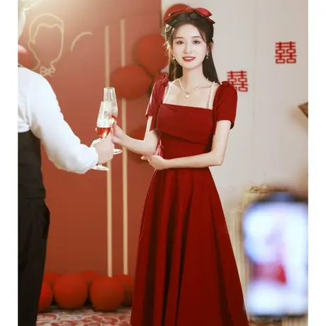 缎面敬酒服新娘日常法式订婚礼服平时可穿红色连衣裙夏季修身裙子商品大图