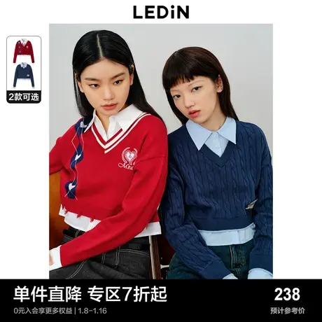 乐町新品学院风短款小上衣女秋季新款女装针织衫假两件毛衣图片