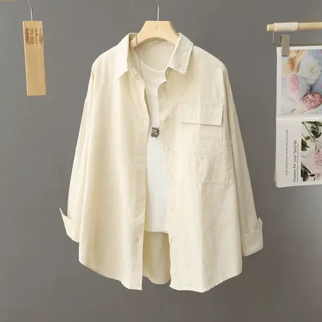 早春新款奶杏色纯棉衬衣长袖衬衫式外套女男友风宽松街头纯色上衣商品大图