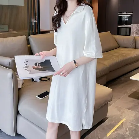 唐狮白色连衣裙女新款短袖Polo裙小个子V领裙子女夏季气质女装w5商品大图