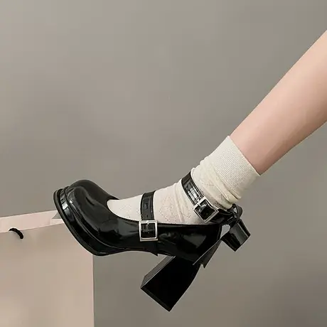 法式玛丽珍鞋女2024新款时尚一字扣浅口高跟单鞋配裙子粗跟小皮鞋商品大图