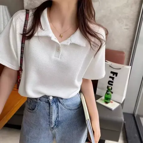 超火cec华夫格短袖T恤女夏季宽松百搭纽扣POLO领半袖打底小衫上衣商品大图