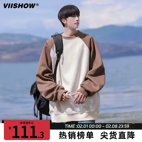 VIISHOW日系cityboy插肩袖圆领卫衣男春重磅青少年长袖内搭打底衫商品大图