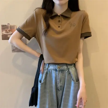 美式复古polo翻领短袖t恤女夏季宽松小众设计感洋气独特别致上衣商品大图