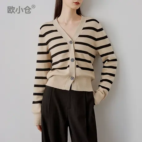 OXC/欧小仓高级感棉羊毛小香风针织衫 时尚条纹短款V领开衫商品大图