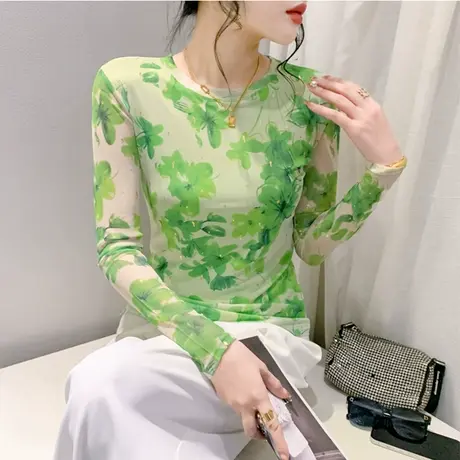 扎染印花长袖上衣女春夏2024新款性感网纱T恤烫金修身圆领打底衫图片