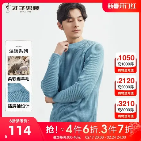 才子男装羊毛针织衫男秋季新款粗织插肩休闲圆领套头打底毛衣图片