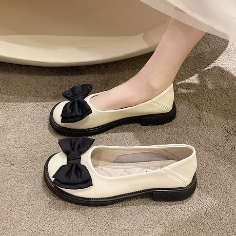 蝴蝶结小皮鞋女2024春季新款平跟玛丽珍女鞋防滑孕妇单鞋船鞋瓢鞋图片