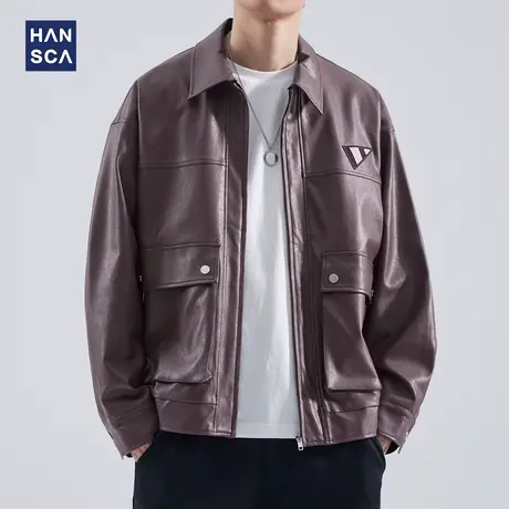 hansca皮衣外套男秋季美式潮牌痞帅机车夹克2023新款高级翻领上衣商品大图