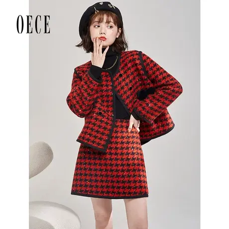 Oece复古千鸟格半身裙冬季新款女装设计感格纹短裙A字裙图片