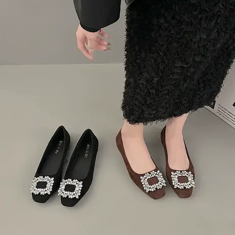 百搭水钻浅口单鞋女2024年春夏季新款复古绒面配裙子平底玛丽珍鞋商品大图