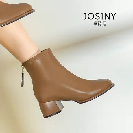 卓诗尼舒适时装靴2024年秋冬款软皮简约后拉链女士女靴法式小短靴商品大图