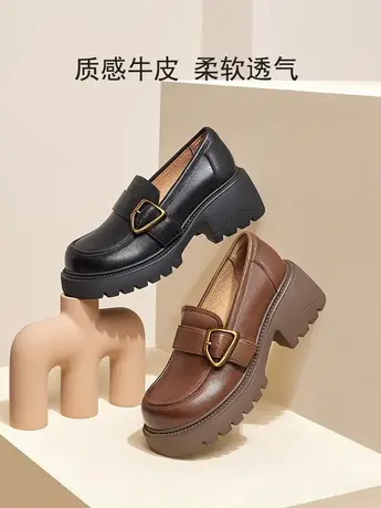 骆驼女鞋2023年秋季新款真皮英伦风单鞋粗跟厚底jk小皮鞋女乐福鞋商品大图