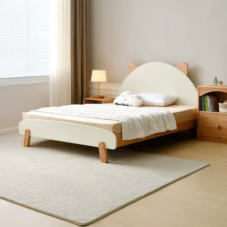 全友家居儿童床北欧风卧室1.5米实木床加高式大床屏小猫床DW7002图片