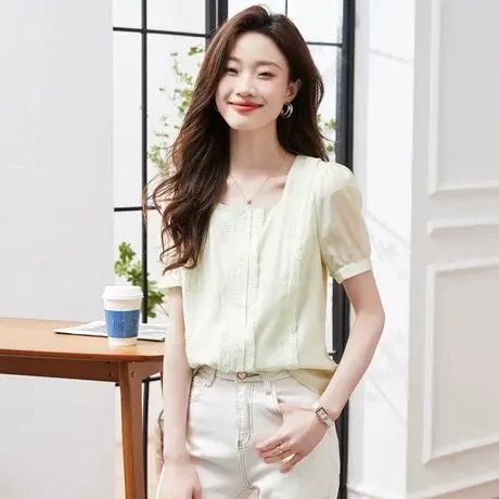 时尚气质方领短袖衬衫2023年夏季新款淑女温柔宽松显瘦通勤上衣商品大图