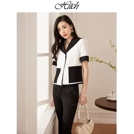 希区瑞普高级感别致上衣女2023夏季法式西装领短袖单排扣撞色外套商品大图