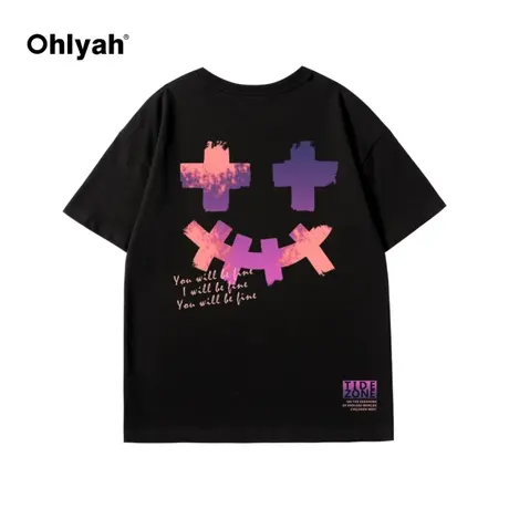 日系潮牌ins笑脸新疆棉简约黑色打底短袖T恤女半袖情侣装TE夏纯棉商品大图