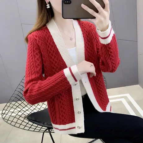短款女装V领针织麻花拼色开衫女外套秋季2023新款百搭宽松外搭女图片
