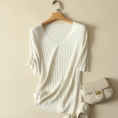 冰丝针织衫女装2023秋季新款V领宽松套头短袖t恤女薄款打底衫上衣商品大图