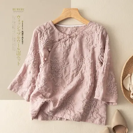 享永子七分袖重工刺绣宽松苎麻上衣女文艺复古高级感2023夏季新款商品大图