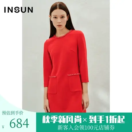 恩裳2023年春款新款时尚经典中国红年会裙子小香风连衣裙图片
