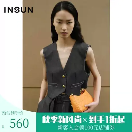 恩裳COVER2023年夏季新款时尚摩登感简约V领明线复古短款冰丝马甲图片