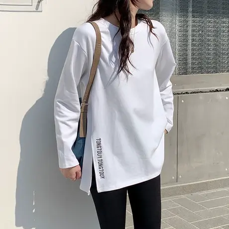 白色纯棉打底衫女秋冬2023年新款薄款秋冬长袖T恤宽松中长款上衣商品大图