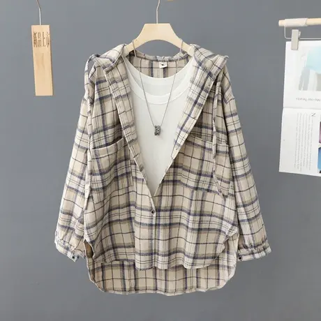 连帽格子衬衫外套女设计感宽松休闲磨毛衬衣2023新款春秋短款上衣图片