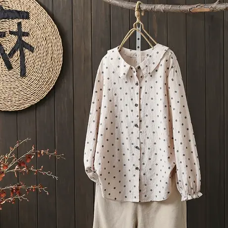 枫谜2023年春季新款娃娃领波点格子棉麻单排扣长袖衬衫百搭上衣商品大图