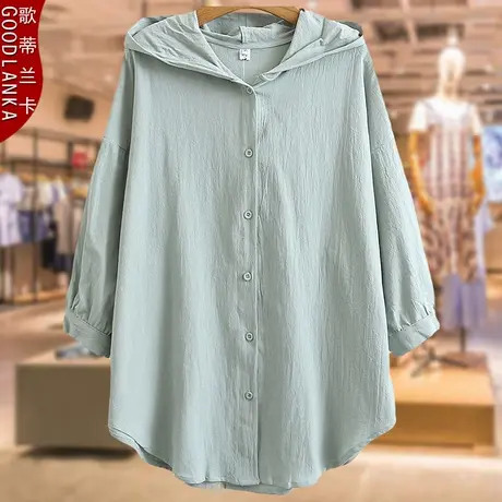 中年妈妈春夏装中袖连帽衬衫时尚加肥加大码女装中长款棉麻防晒衣图片
