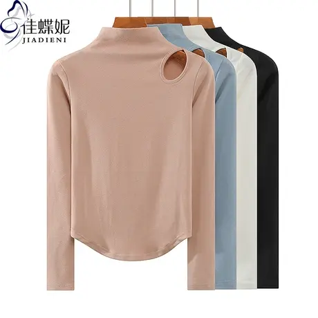 春秋新款半高领镂空纯欲修身纯色显瘦长袖体恤上衣内搭女打底衫商品大图