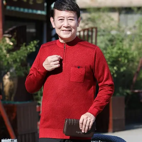 本命年爸爸毛衣加绒加厚中年男士红色保暖上衣服老年人针织衫冬装商品大图