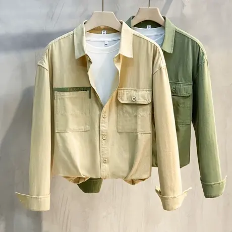 2023春秋季全棉长袖衬衫男士简约翻领刺绣纯色休闲日系青年衬衣潮商品大图