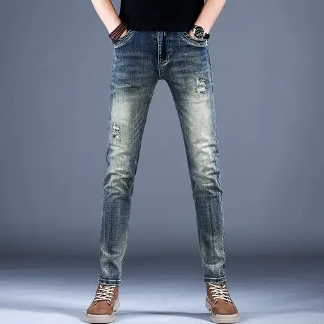 男士裤子男高街vibe美式裤破洞黄泥牛仔裤男2023新款修身小脚夏季商品大图