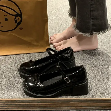 法式复古高跟玛丽珍鞋女2023新款夏季蝴蝶结棕色圆头英伦风小皮鞋商品大图
