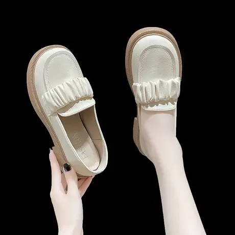 韩版圆头一脚蹬小皮鞋女粗跟鞋秋季新款2023小众舒适简约复古单鞋商品大图