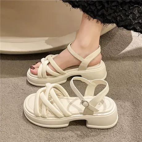 一字扣带沙滩海边度假凉鞋女2023夏季新款厚底松糕露趾罗马潮鞋图片