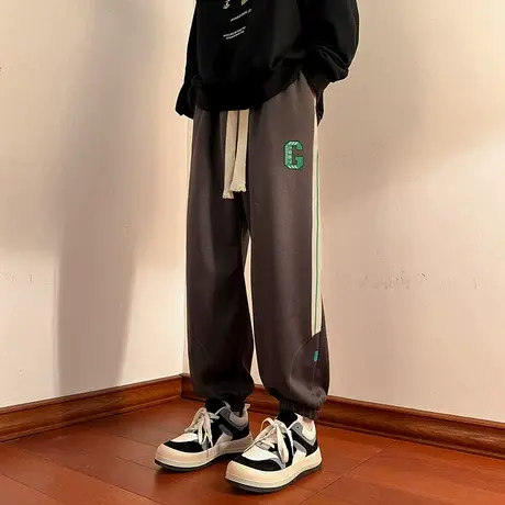 条纹美式加绒裤子男春秋季高街潮牌宽松休闲刺绣长裤复古运动卫裤商品大图