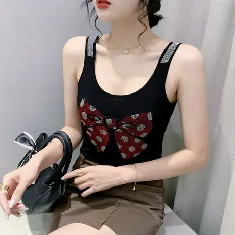 性感吊带背心女内搭2024夏新款时尚重工烫钻小衫气质网纱无袖上衣图片