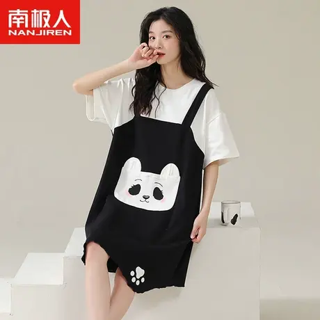 南极人睡衣女夏季纯棉短袖背带睡裙2023年新款假两件黑白熊家居服图片