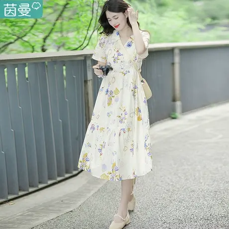 茵曼清新女裙桔梗设计感连衣裙2023新品夏季女装新款收腰中长裙子商品大图