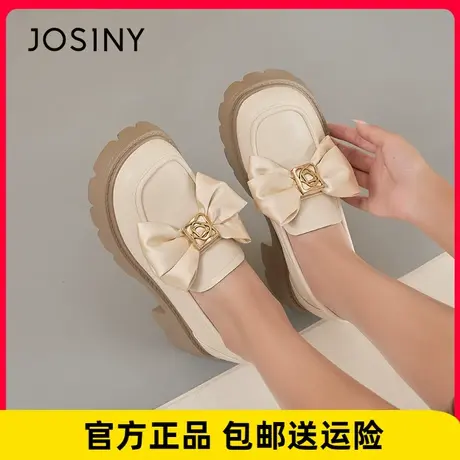 卓诗尼厚底单鞋女2023新款春季圆头粗跟蝴蝶结小皮鞋一脚蹬乐福鞋图片
