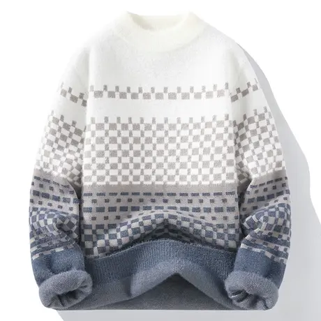 半高领渐变毛衣男款秋冬季小格子线衣服男潮流软糯风加厚毛衫外套图片