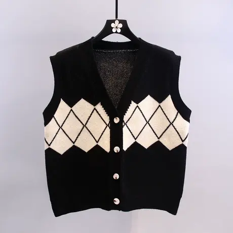 菱格针织马甲女2023春季新款宽松外搭洋气学院风无袖毛衣背心开衫商品大图