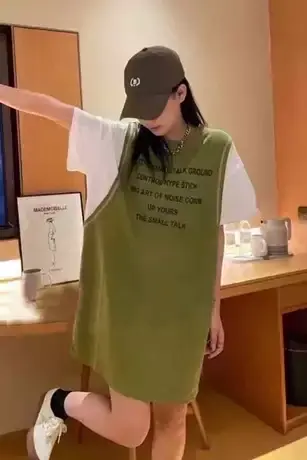 假两件印花直筒连衣裙女欧洲站夏装2023新款欧货女装时尚T恤裙潮图片