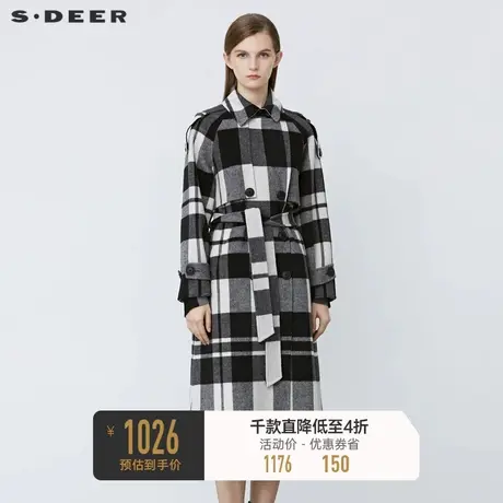 sdeer圣迪奥冬季复古翻领撞色格纹收腰毛呢大衣S21481818图片