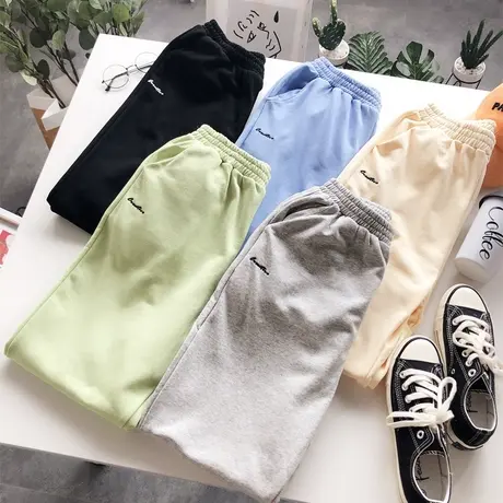 2019秋季新款韩国东大门chic百搭刺绣字母纯色运动休闲卫裤九分裤商品大图