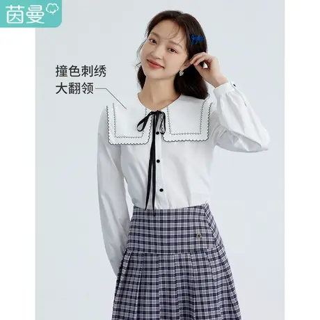 茵曼宽松女2023春季新款刺绣大披肩翻领系带领结学院气质百搭衬衫图片