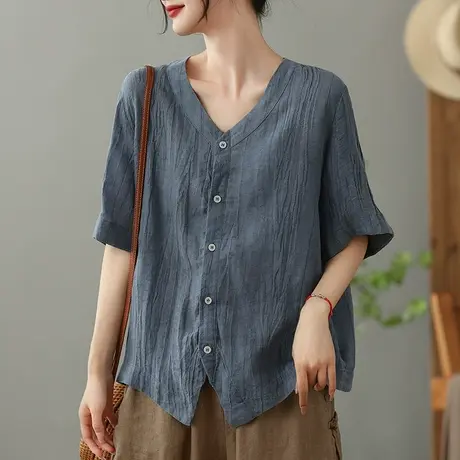 dza复古苎麻短袖衬衫女2023夏季薄款V领衬衣气质显瘦棉麻开衫上衣图片